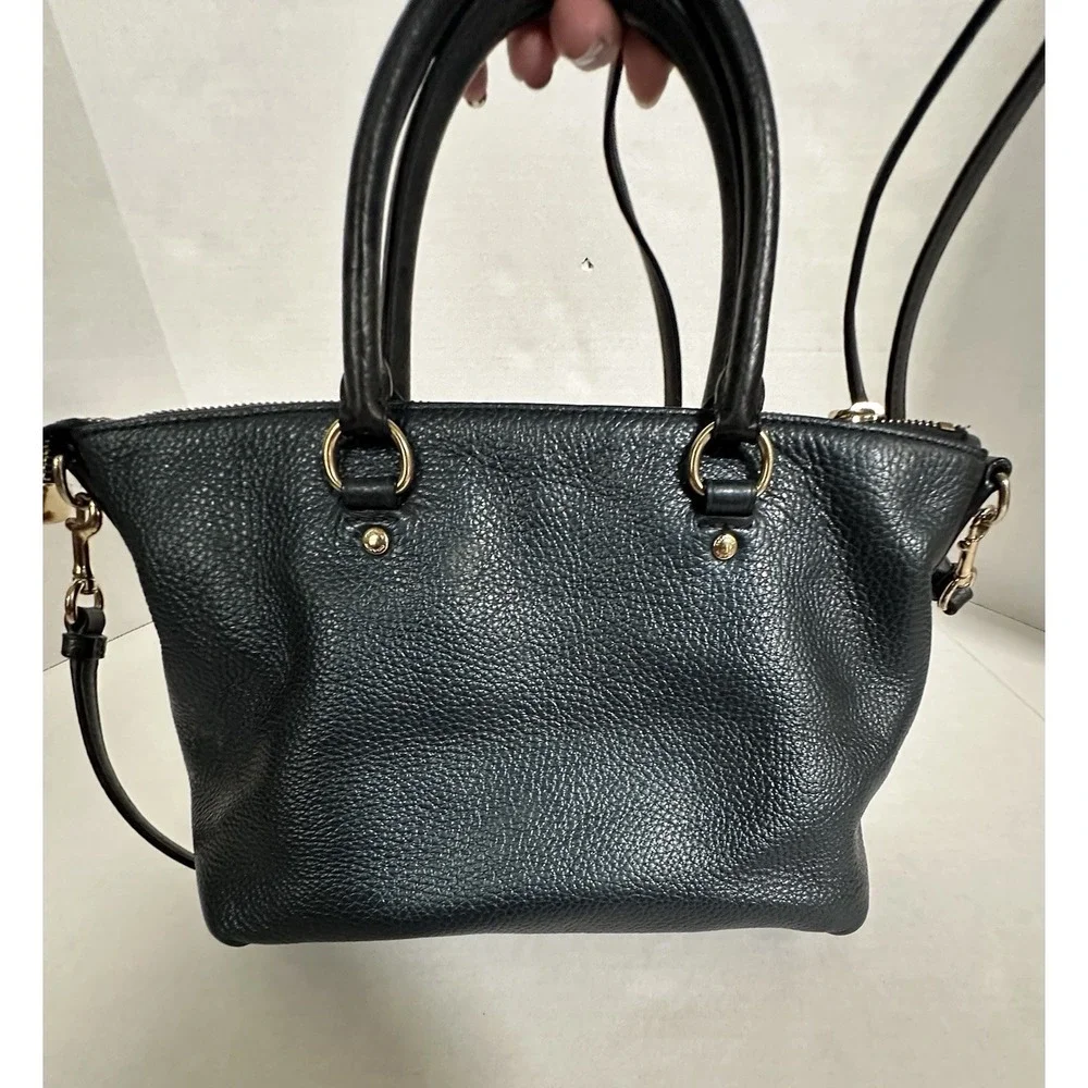 Coach Emma Satchel Pebbled Leather Gold Accents Navy Metallic